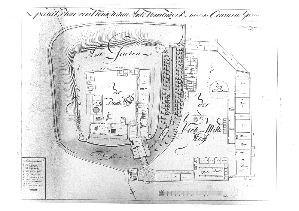 Eine Grundrisszeichnung der Burg Ummendorf von Spengler aus dem Jahr 1795